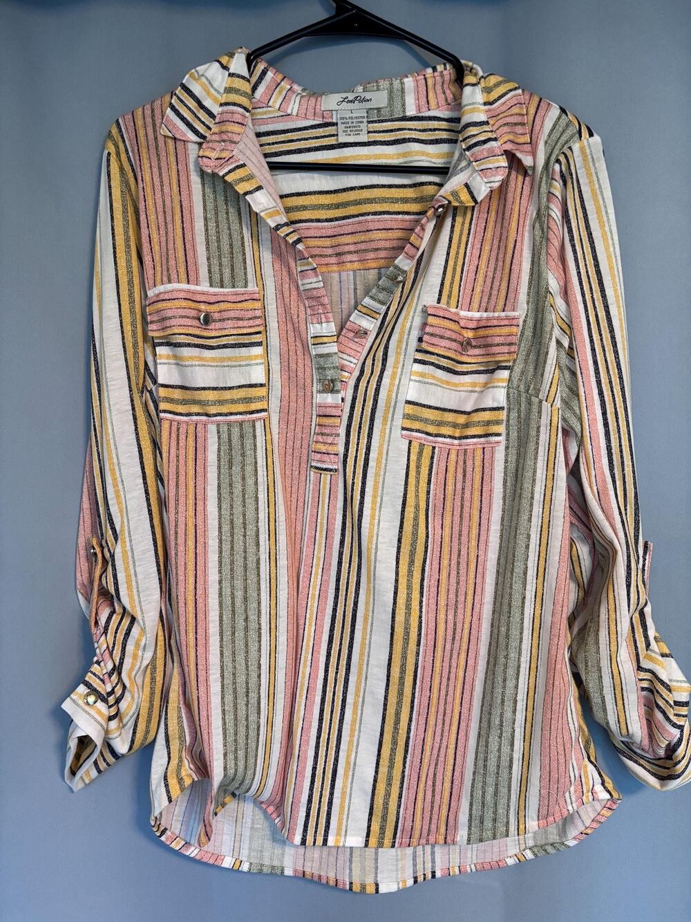 Love Potion Shirt Coral Stripe V Neck Lightweight Button down Tab Sleeves L